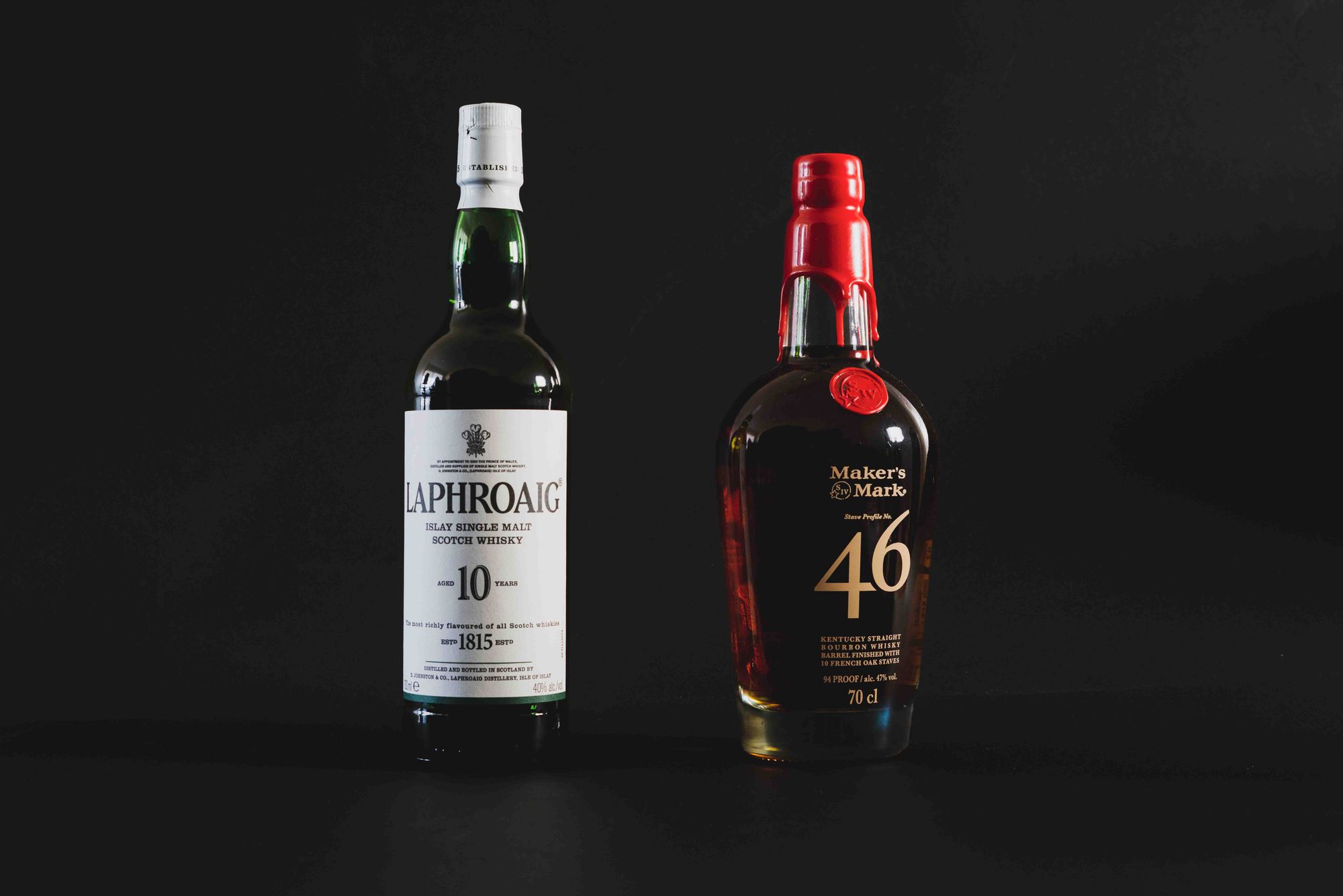 Laphroaig 10 and Maker's Mark 46. Photo: Boothby