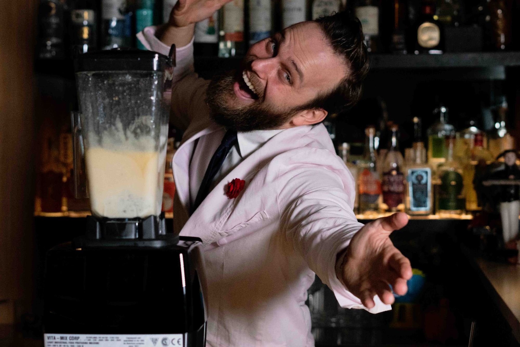 Co-owner and creative director Martin Hudák on the blender making the Dancing Queen cocktail at Maybe Sammy, Sydney. Photo: Boothby