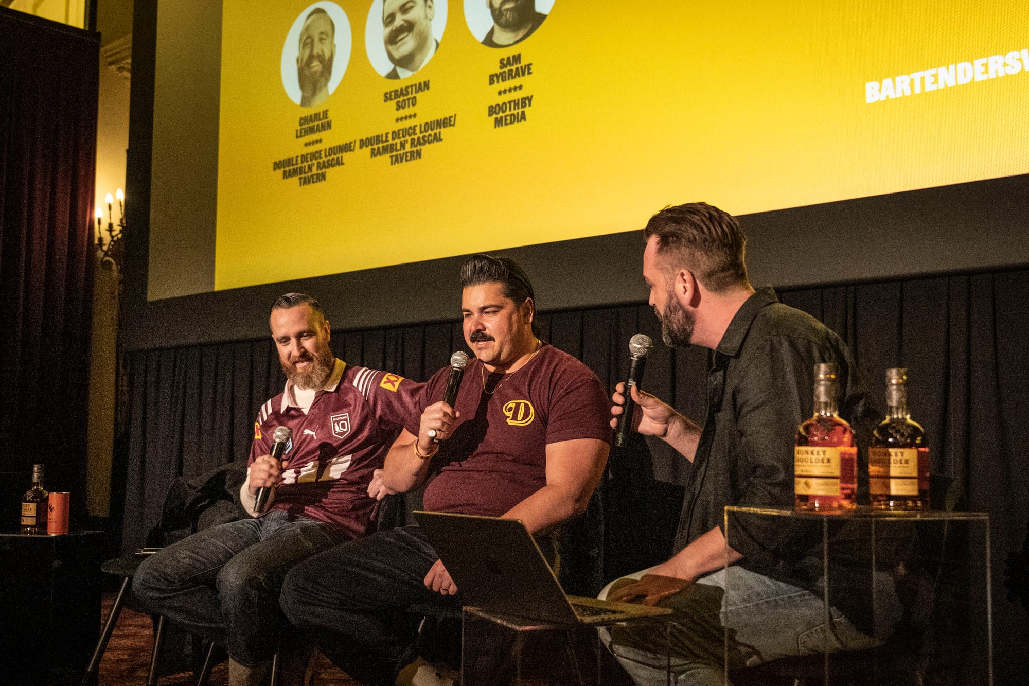 Charlie and Cosmo talk to Sam Bygrave during the Better Bars Summit and Bartenders' Weekender. Photo: Christopher Pearce/Bartenders' Weekender